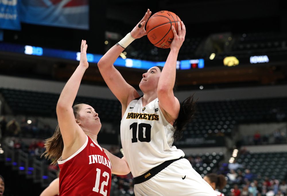 Iowa Hawkeyes forward Megan Gustafson (10) against the Indiana Hoosiers in the quarterfinals of the Big Ten Tournament Friday, March 8, 2019 at Bankers Life Fieldhouse in Indianapolis, Ind. (Brian Ray/hawkeyesports.com)