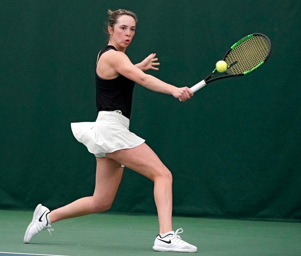 Iowa's Samantha Mannix during their doubles match against Indiana at the Hawkeye Tennis and Recreation Complex in Iowa City on Sunday, Mar. 31, 2019. (Stephen Mally/hawkeyesports.com)