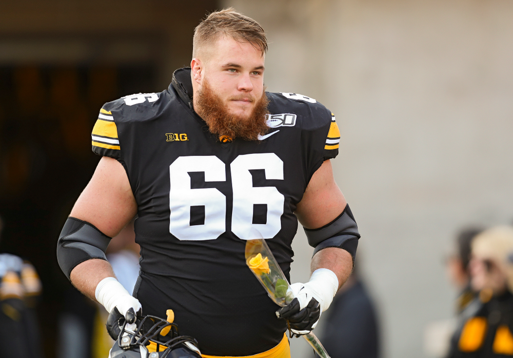 Iowa Hawkeyes offensive lineman Levi Paulsen (66) is acknowledged on senior day before their game at Kinnick Stadium in Iowa City on Saturday, Nov 23, 2019. (Stephen Mally/hawkeyesports.com)