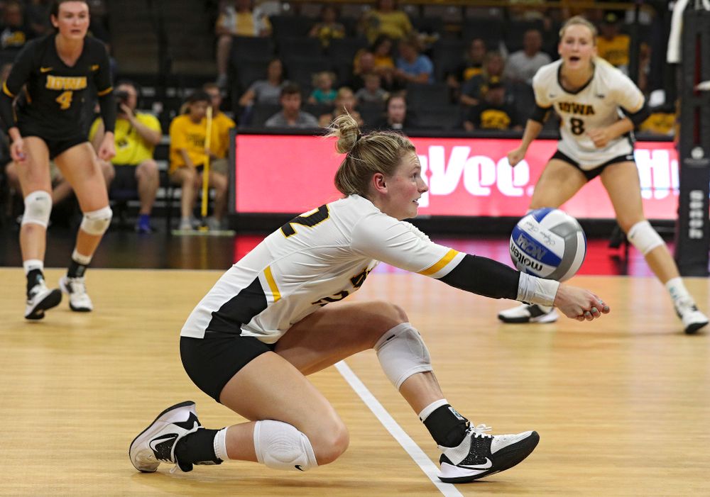 Iowa’s Jaedynn Evans (22) gets a dig during the third set of their Big Ten/Pac-12 Challenge match against Colorado at Carver-Hawkeye Arena in Iowa City on Friday, Sep 6, 2019. (Stephen Mally/hawkeyesports.com)
