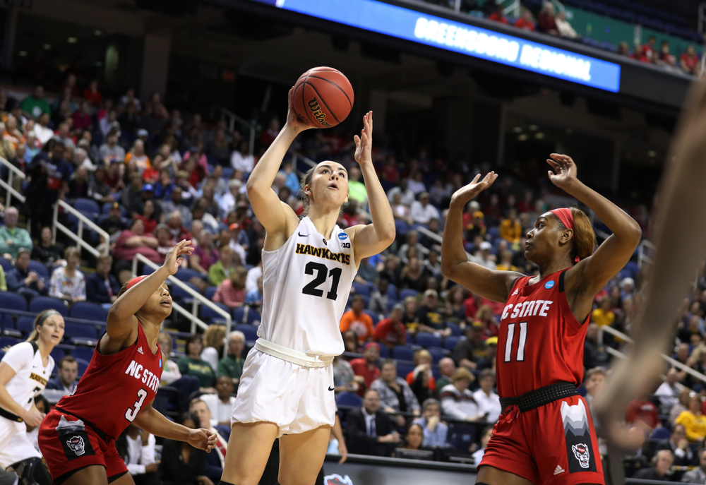 Iowa Hawkeyes forward Hannah Stewart (21) against the NC State Wolfpack in the regional semi-final of the 2019 NCAA Women's College Basketball Tournament Saturday, March 30, 2019 at Greensboro Coliseum in Greensboro, NC.(Brian Ray/hawkeyesports.com)