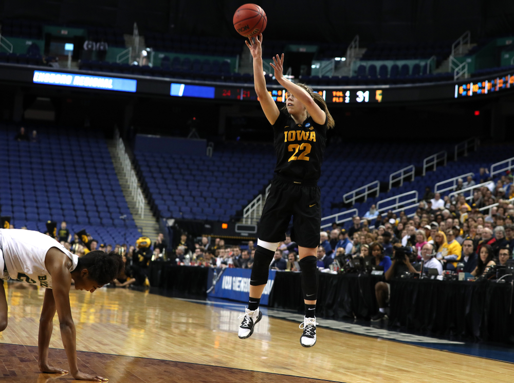 Iowa Hawkeyes guard Kathleen Doyle (22) against the Baylor Lady Bears in the regional final of the 2019 NCAA Women's College Basketball Tournament Monday, April 1, 2019 at Greensboro Coliseum in Greensboro, NC.(Brian Ray/hawkeyesports.com)