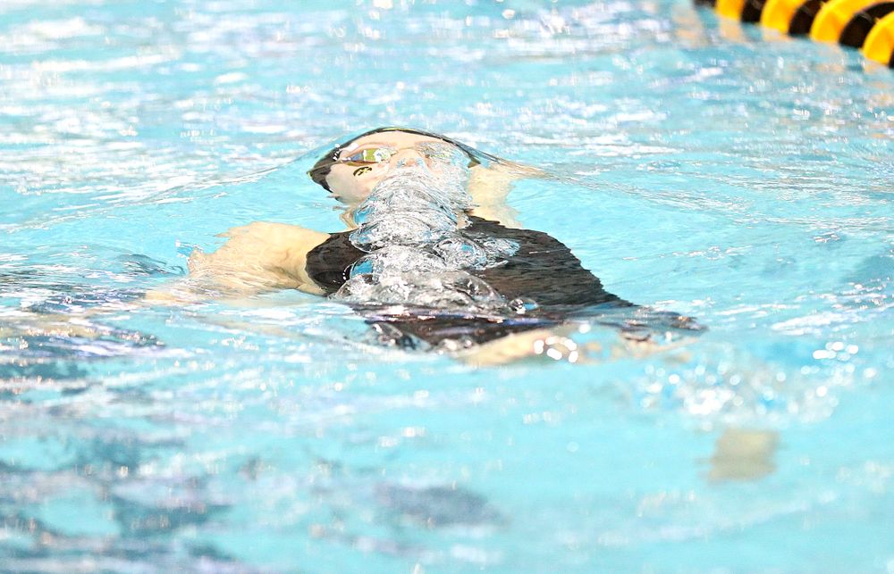 Iowa’s Emilia Sansome swims the backstroke section of the women’s 400 yard medley relay event during the 2020 Women’s Big Ten Swimming and Diving Championships at the Campus Recreation and Wellness Center in Iowa City on Thursday, February 20, 2020. (Stephen Mally/hawkeyesports.com)