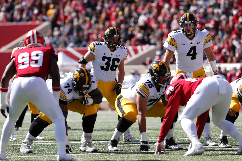 Iowa Hawkeyes quarterback Nate Stanley (4) and Iowa Hawkeyes fullback Brady Ross against the Indiana Hoosiers Saturday, October 13, 2018 at Memorial Stadium, in Bloomington, Ind. (Brian Ray/hawkeyesports.com)