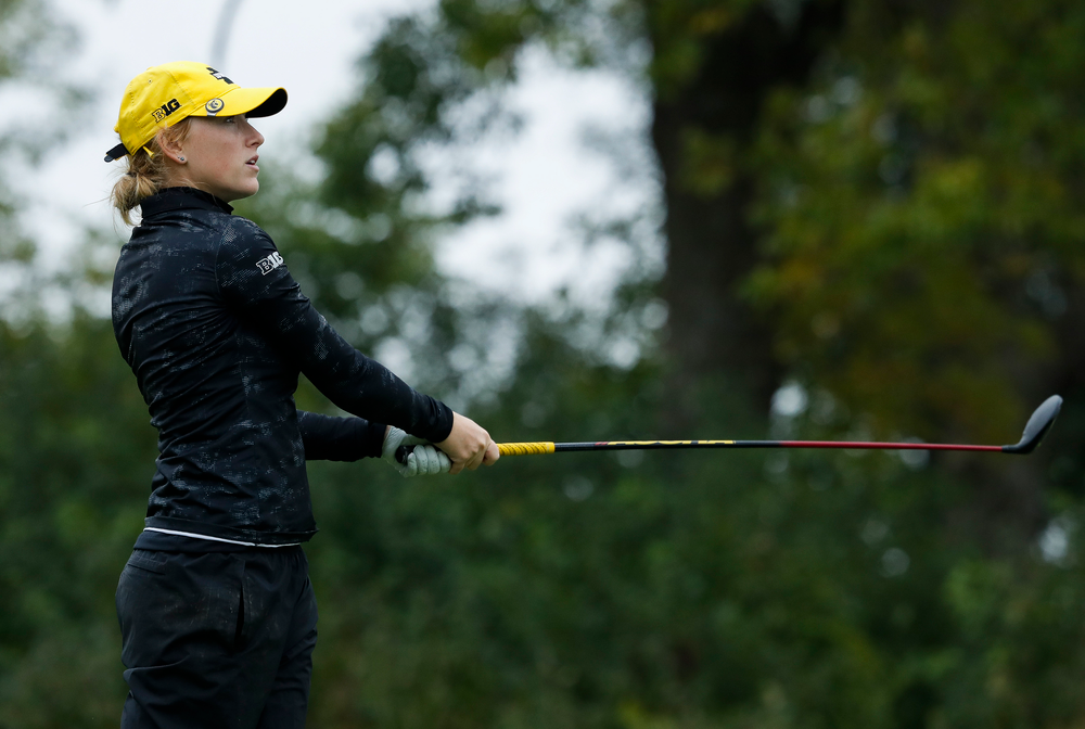 Iowa's Kristin Glesne tees off during the final round of the Diane Thomason Invitational at Finkbine Golf Course on September 30, 2018. (Tork Mason/hawkeyesports.com)