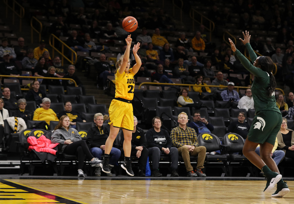 Iowa Hawkeyes guard Kathleen Doyle (22) against the Michigan State Spartans Thursday, February 7, 2019 at Carver-Hawkeye Arena. (Brian Ray/hawkeyesports.com)