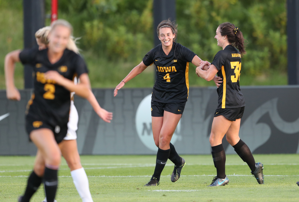 Iowa Hawkeyes forward Kaleigh Haus (4) celebrates a goal against Western Michigan Thursday, August 22, 2019 at the Iowa Soccer Complex. (Brian Ray/hawkeyesports.com)