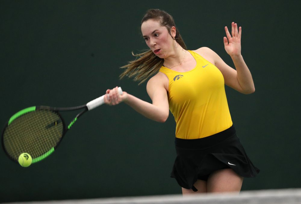 Iowa's Sam Mannix plays a doubles match against Xavier Friday, January 18, 2019 at the Hawkeye Tennis and Recreation Center. (Brian Ray/hawkeyesports.com)