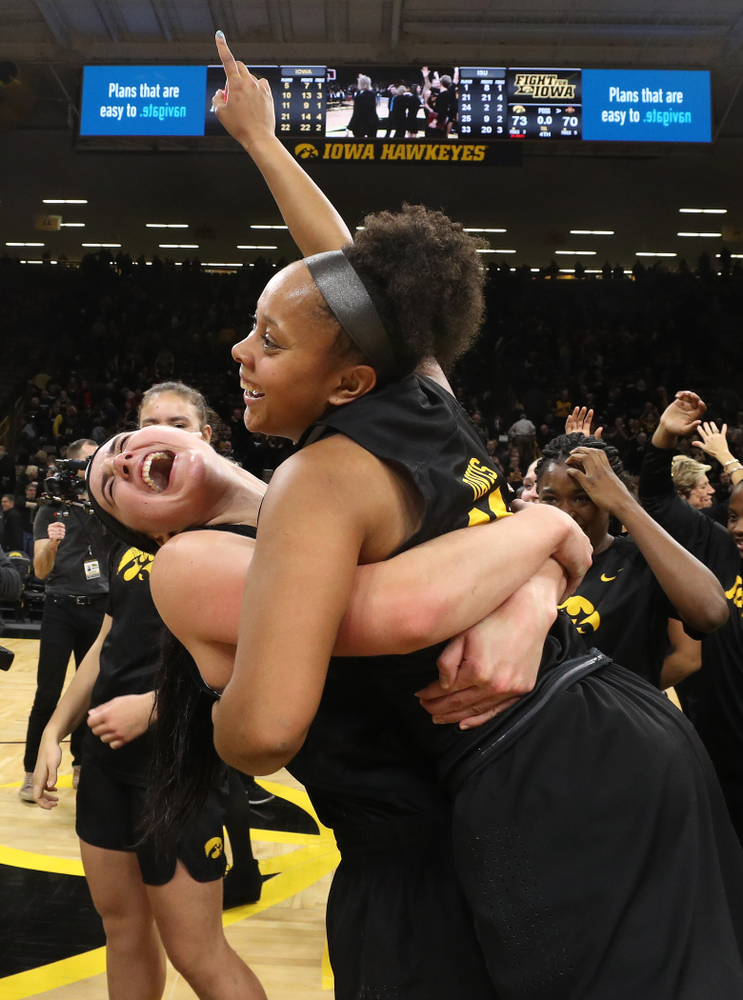Iowa Hawkeyes forward Megan Gustafson (10) pickles uo guard Tania Davis (11) against the Iowa State Cyclones in the Iowa Corn Cy-Hawk Series Wednesday, December 5, 2018 at Carver-Hawkeye Arena. (Brian Ray/hawkeyesports.com)