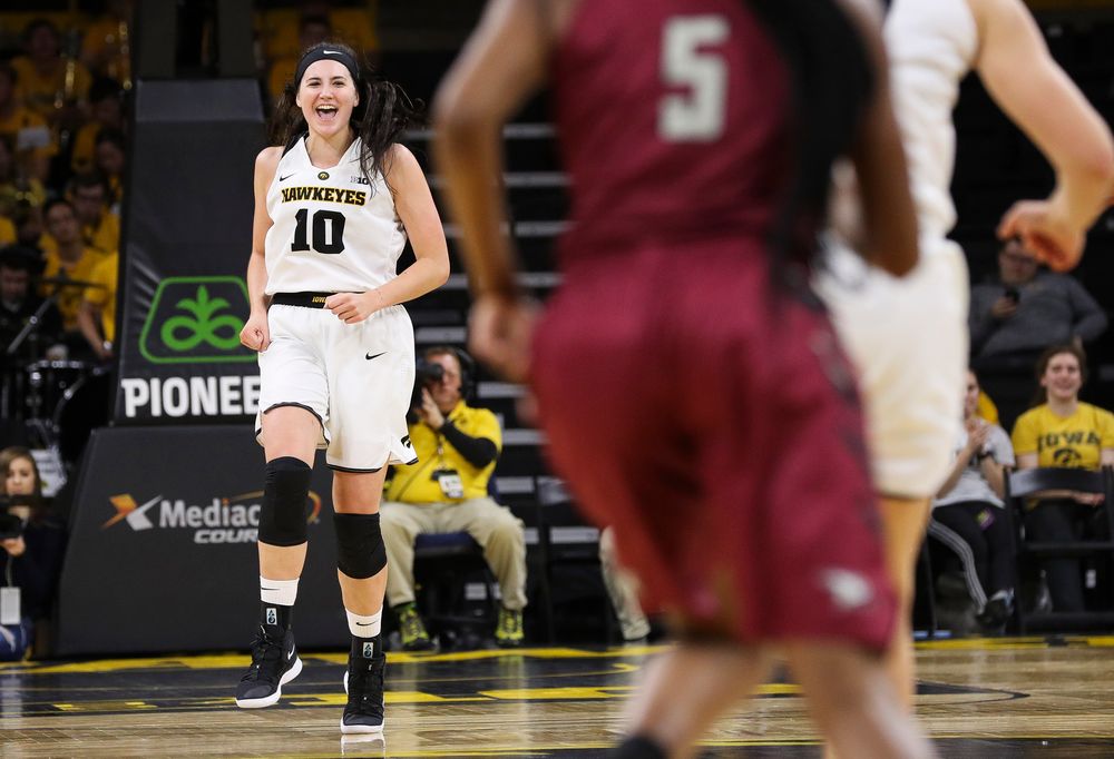 Iowa Hawkeyes forward Megan Gustafson (10) reacts after a made basket during a game against North Carolina Central at Carver-Hawkeye Arena on November 17, 2018. (Tork Mason/hawkeyesports.com)