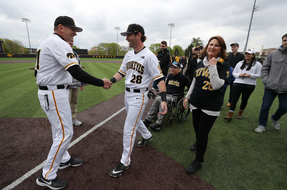 Iowa Hawkeyes Chris Whelan (28) during senior day festivities before their game against Michigan State Sunday, May 12, 2019 at Duane Banks Field. (Brian Ray/hawkeyesports.com)