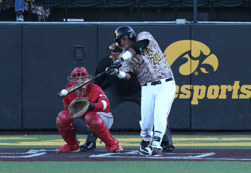 Iowa Hawkeyes Izaya Fullard (20) against the Nebraska Cornhuskers on Military Appreciation Night Friday, April 19, 2019 at Duane Banks Field. (Brian Ray/hawkeyesports.com)
