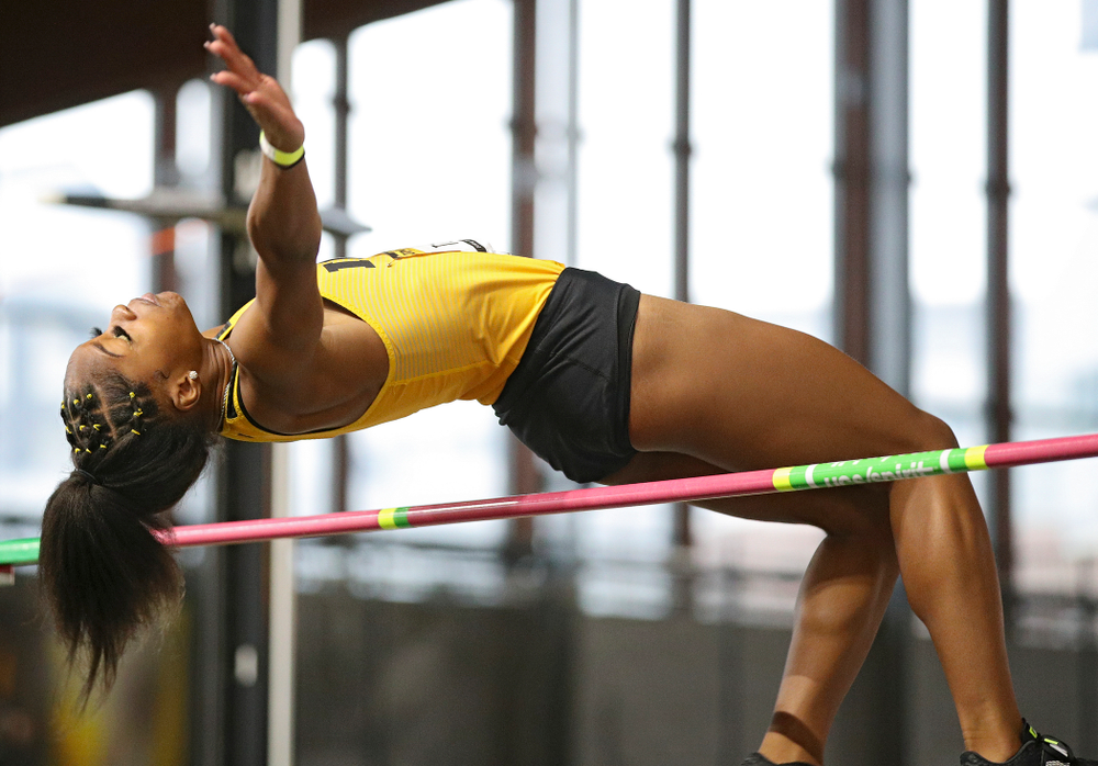 Iowa’s Tionna Tobias competes in the women’s high jump event during the Jimmy Grant Invitational at the Recreation Building in Iowa City on Saturday, December 14, 2019. (Stephen Mally/hawkeyesports.com)