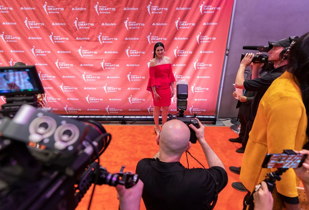Iowa Hawkeyes forward Megan Gustafson (10) walks the orange carpet before the 2019 WNBA Draft Wednesday, April 10, 2019 at Nike New York Headquarters in New York City. (Brian Ray/hawkeyesports.com)