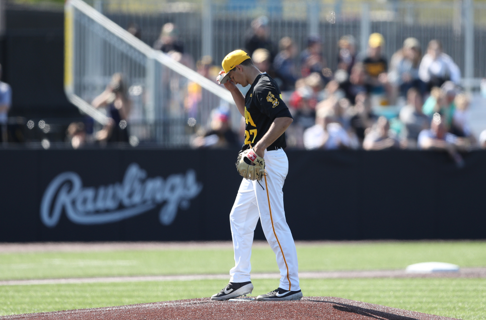 Iowa Hawkeyes Jason Foster (27) delivers the ball to the plate during game two against UC Irvine Saturday, May 4, 2019 at Duane Banks Field. (Brian Ray/hawkeyesports.com)