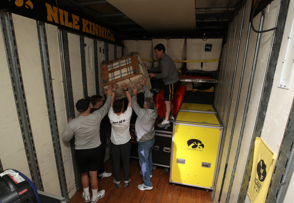 Members fo the Hawkeye Football equipment staff and managers load equipment onto the truck bound for Tampa for the Outback Bowl Wednesday, December 19, 2018 at the Hansen Football Performance Center. (Brian Ray/hawkeyesports.com)
