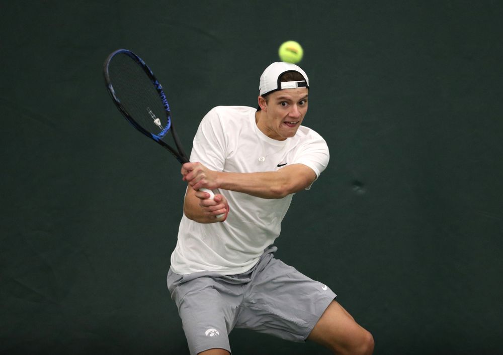 Iowa's Joe Tyler against Western Michigan Saturday, January 19, 2019 at the Hawkeye Tennis and Recreation Complex. (Brian Ray/hawkeyesports.com)