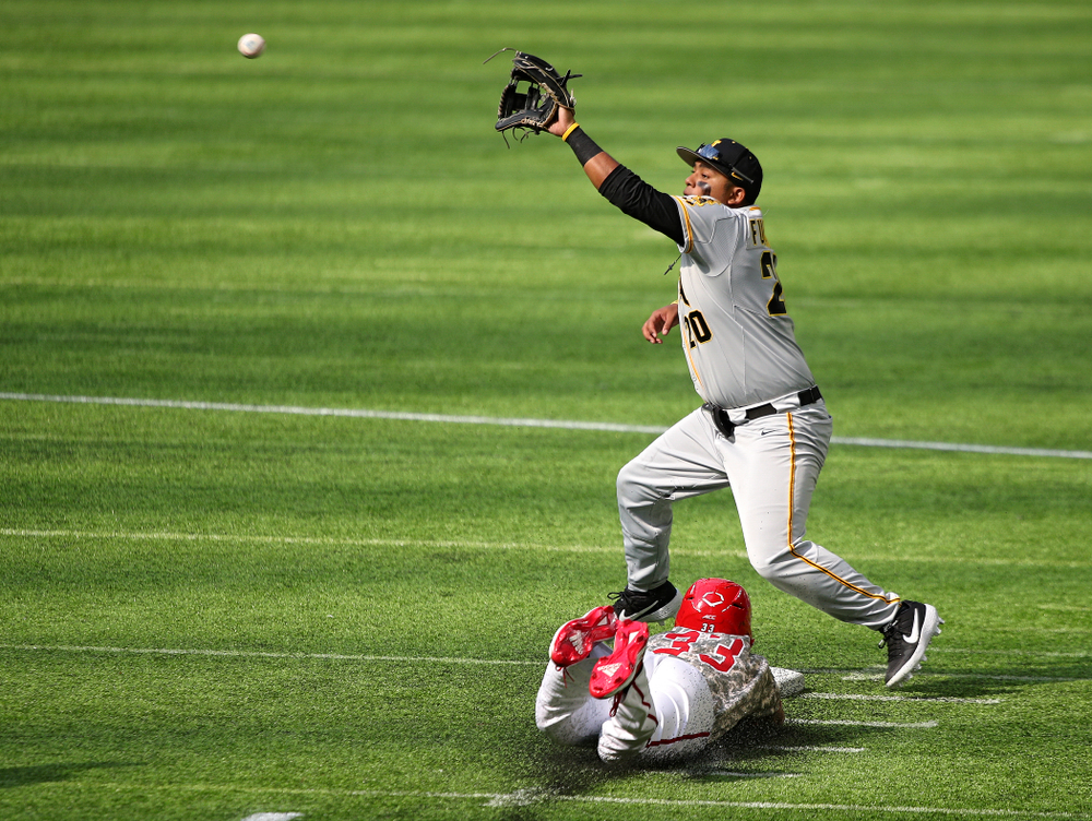 Iowa Hawkeyes infielder Izaya Fullard (20) pulls in a throw at second base during the third inning of their CambriaCollegeClassic game at U.S. Bank Stadium in Minneapolis, Minn. on Friday, February 28, 2020. (Stephen Mally/hawkeyesports.com)