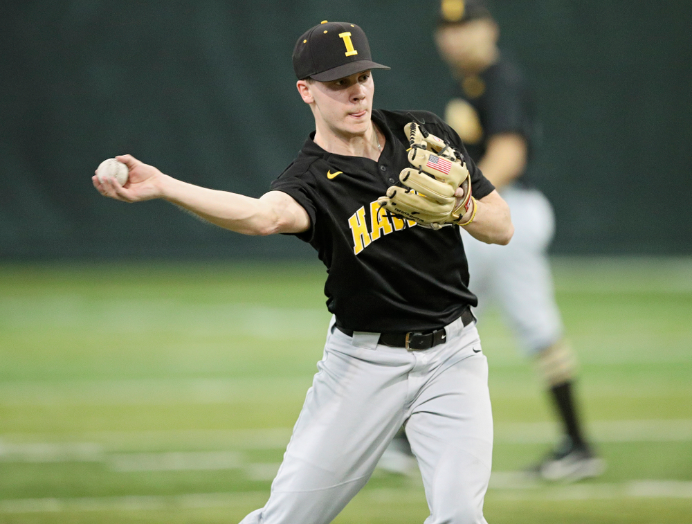 Iowa Hawkeyes utility player Sam Link (3) throws during practice at the Hansen Football Performance Center in Iowa City on Friday, January 24, 2020. (Stephen Mally/hawkeyesports.com)