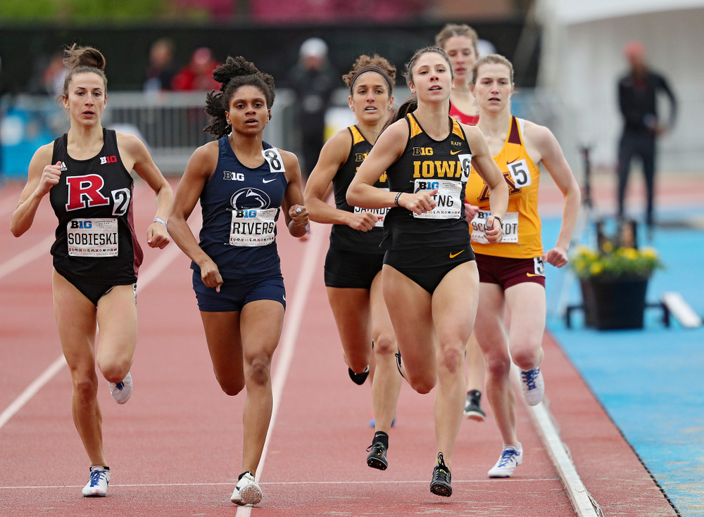 Iowa's Mallory King (front) and Tia Saunders run in the women’s 800 meter event on the second day of the Big Ten Outdoor Track and Field Championships at Francis X. Cretzmeyer Track in Iowa City on Saturday, May. 11, 2019. (Stephen Mally/hawkeyesports.com)