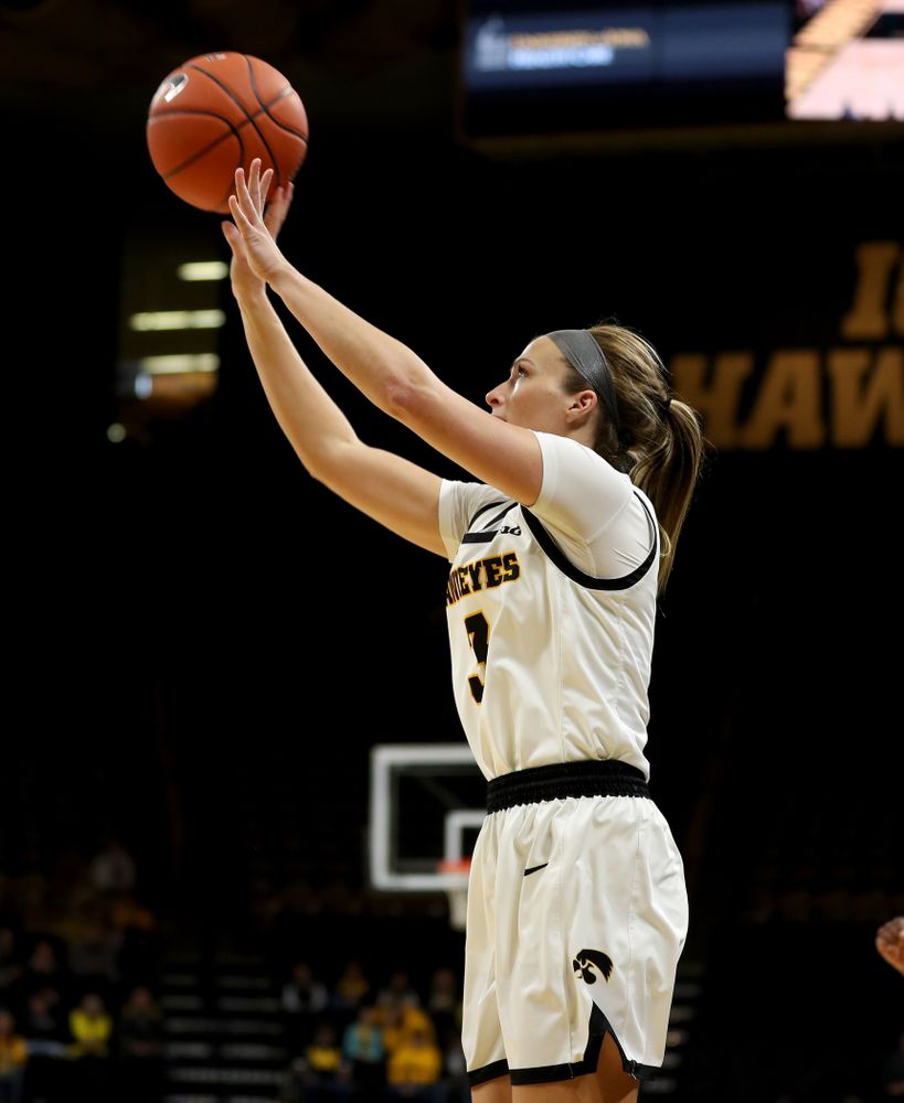Iowa Hawkeyes guard Makenzie Meyer (3) knocks down a three point basket against North Carolina Central Saturday, December 14, 2019 at Carver-Hawkeye Arena. (Brian Ray/hawkeyesports.com)