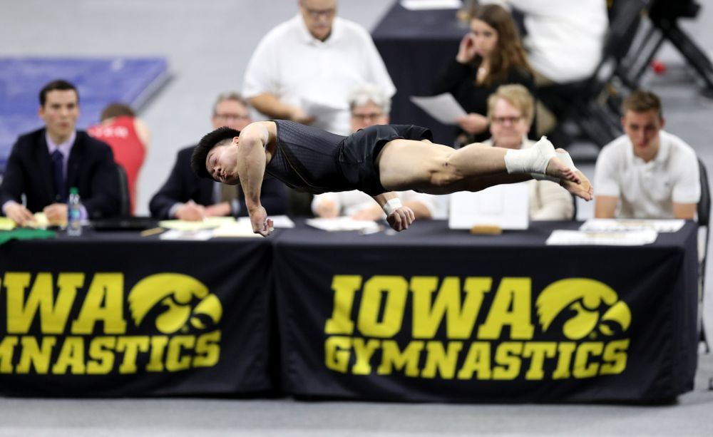 Iowa's Bennet Huang competes on the floor against Oklahoma Saturday, February 9, 2019 at Carver-Hawkeye Arena. (Brian Ray/hawkeyesports.com)