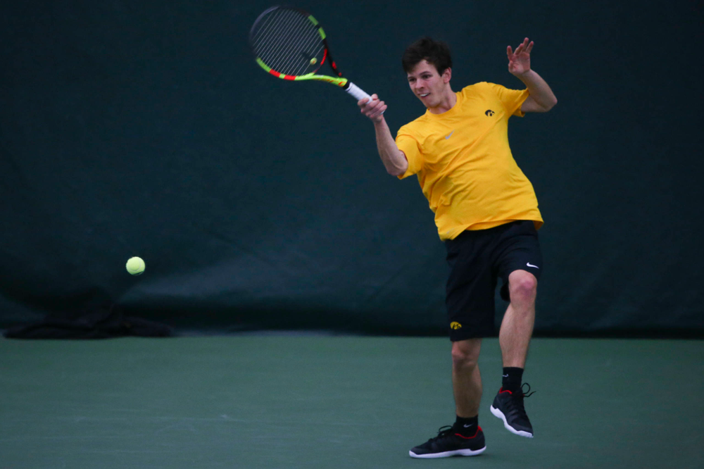 Iowa's Joe Tyler at a tennis match vs Drake Friday, March 8, 2019 at the Hawkeye Tennis and Recreation Complex. (Lily Smith/hawkeyesports.com)