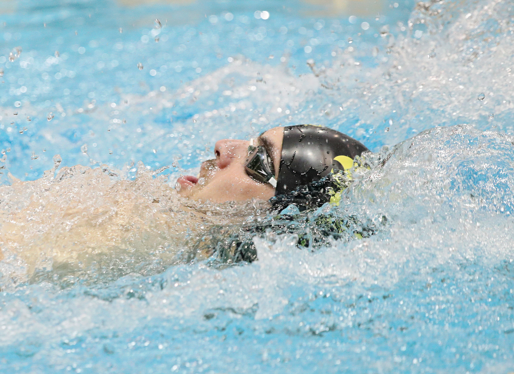 Iowa’s Weston Credit swims the backstroke section of the 100-yard individual medley event during their meet against Michigan State at the Campus Recreation and Wellness Center in Iowa City on Thursday, Oct 3, 2019. (Stephen Mally/hawkeyesports.com)