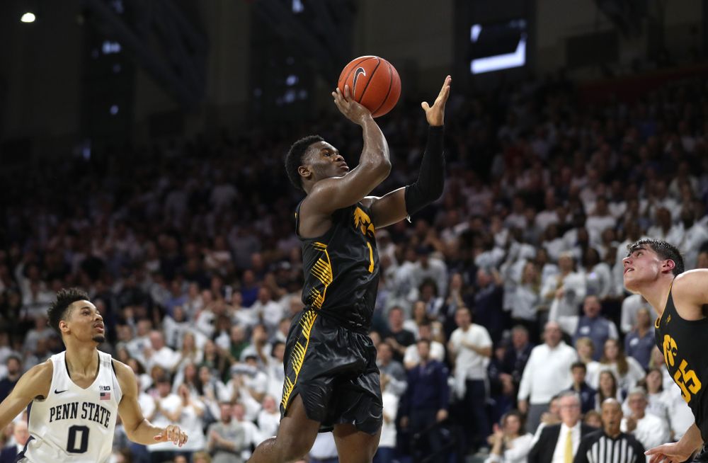 Iowa Hawkeyes guard Joe Toussaint (1) against Penn State Saturday, January 4, 2020 at the Palestra in Philadelphia. (Brian Ray/hawkeyesports.com)