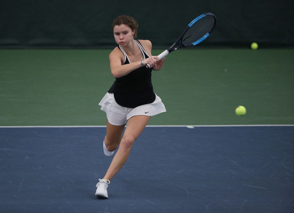 Iowa's Cloe Ruette during a doubles match against North Texas Sunday, January 20, 2019 at the Hawkeye Tennis and Recreation Center. (Brian Ray/hawkeyesports.com)