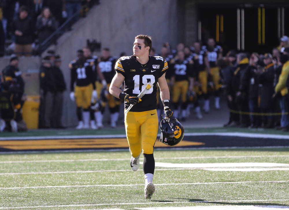 Iowa Hawkeyes defensive back John Milani (18) during Senior Day festivities before their game against the Illinois Fighting Illini Saturday, November 23, 2019 at Kinnick Stadium. (Brian Ray/hawkeyesports.com)