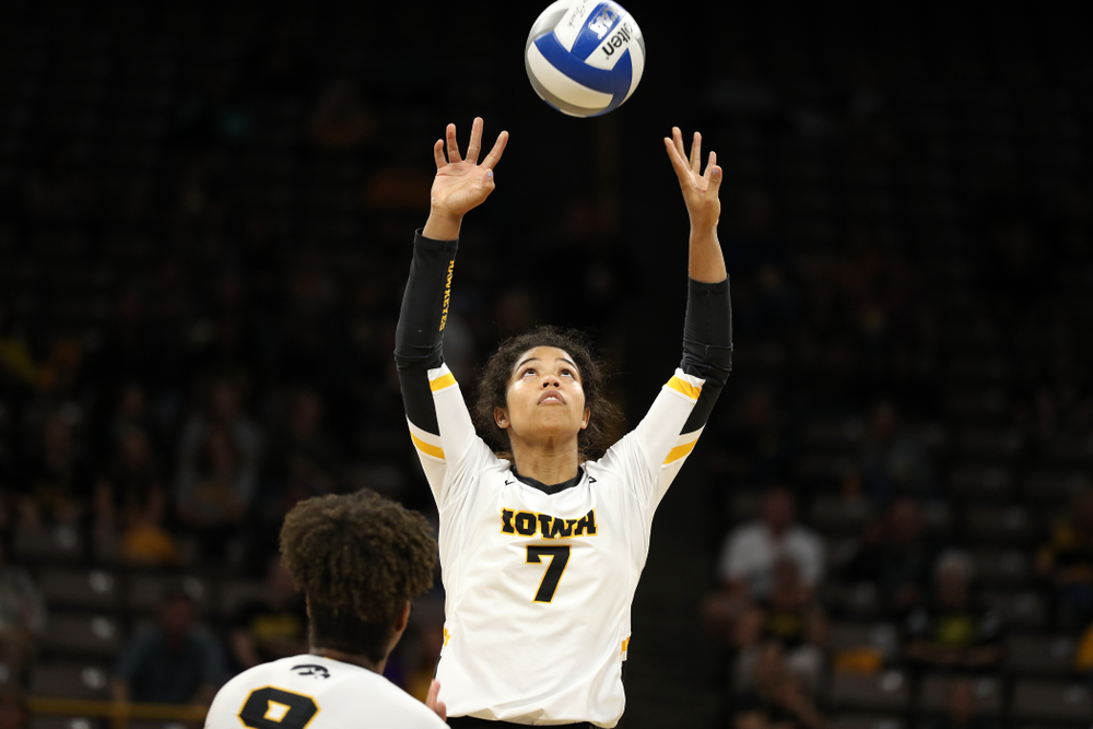 Iowa Hawkeyes setter Brie Orr (7) against the Minnesota Golden Gophers Wednesday, October 2, 2019 at Carver-Hawkeye Arena. (Brian Ray/hawkeyesports.com)