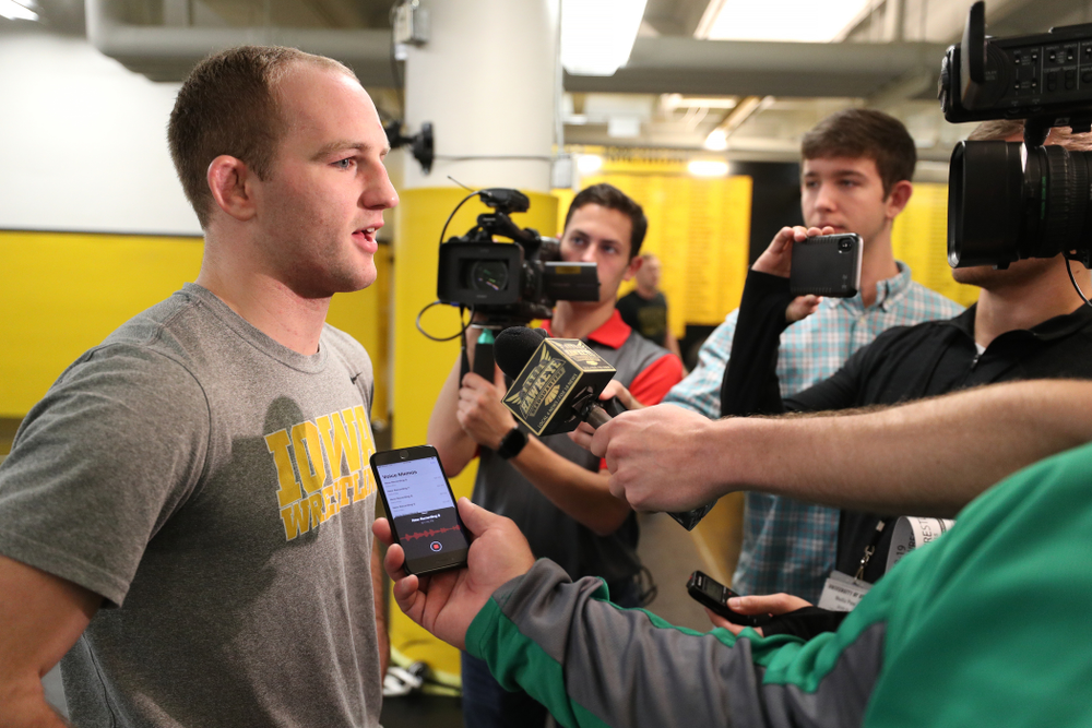 Iowa Hawkeyes All American Alex Marinelli addresses the media during the team's annual media day Monday, November 5, 2018 at Carver-Hawkeye Arena. (Brian Ray/hawkeyesports.com)