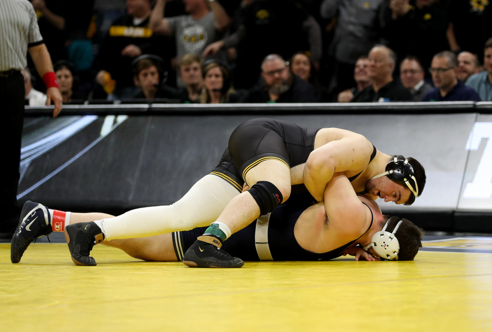 Iowa’s Tony Cassioppi wrestles Penn State’s Seth Nevills at heavyweight Friday, January 31, 2020 at Carver-Hawkeye Arena. Cassioppi won the match 6-0. (Brian Ray/hawkeyesports.com)