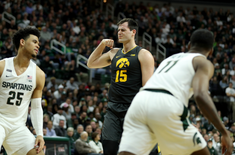 Iowa Hawkeyes forward Ryan Kriener (15) against Michigan State Tuesday, February 25, 2020 at the Breslin Center in East Lansing, MI. (Brian Ray/hawkeyesports.com)