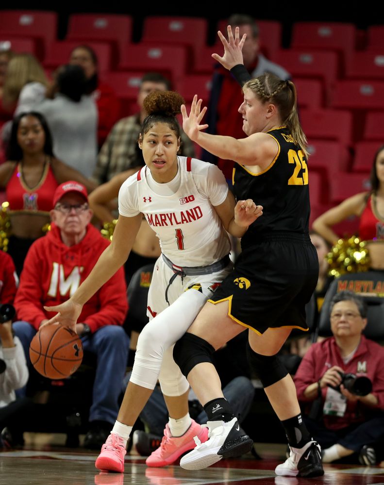 Iowa Hawkeyes forward/center Monika Czinano (25) against the Maryland Terrapins Thursday, February 13, 2020 at the Xfinity Center in College Park, MD. (Brian Ray/hawkeyesports.com)