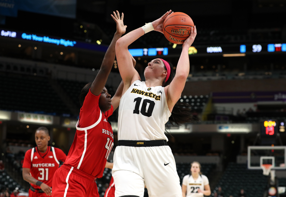 Iowa Hawkeyes forward Megan Gustafson (10) against the Rutgers Scarlet Knights in the semi-finals of the Big Ten Tournament Saturday, March 9, 2019 at Bankers Life Fieldhouse in Indianapolis, Ind. (Brian Ray/hawkeyesports.com)