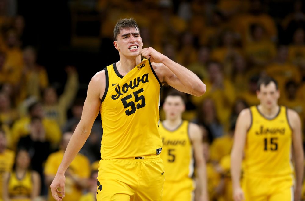 Iowa Hawkeyes forward Luka Garza (55) reacts after a blocked shot against the Rutgers Scarlet Knights Wednesday, January 22, 2020 at Carver-Hawkeye Arena. (Brian Ray/hawkeyesports.com)