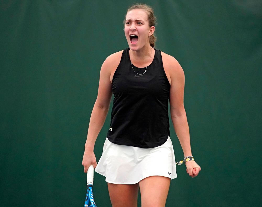 Iowa's Ashleigh Jacobs celebrates a point during a match against Indiana at the Hawkeye Tennis and Recreation Complex in Iowa City on Sunday, Mar. 31, 2019. (Stephen Mally/hawkeyesports.com)