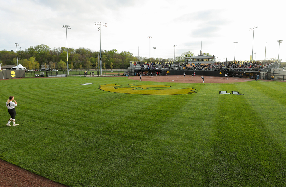 The Hawkeyes field during the fourth inning of their game against Ohio State at Pearl Field in Iowa City on Friday, May. 3, 2019. (Stephen Mally/hawkeyesports.com)