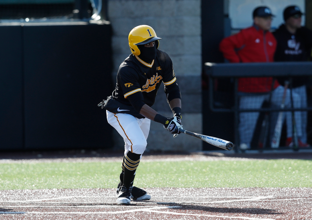 Iowa Hawkeyes third baseman Lorenzo Elion (1) against Grand View Wednesday, April 4, 2018 at Duane Banks Field. (Brian Ray/hawkeyesports.com)