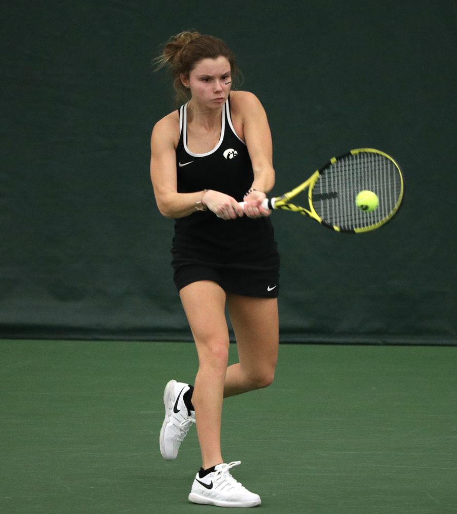 Iowa's Cloe Ruette against the Penn State Nittany Lions Sunday, February 24, 2019 at the Hawkeye Tennis and Recreation Complex. (Brian Ray/hawkeyesports.com)