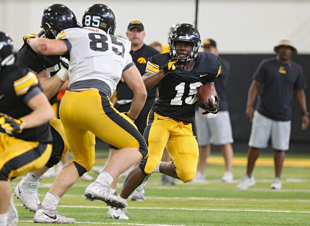 Iowa Hawkeyes running back Tyler Goodson (15) on a run during Fall Camp Practice No. 6 at the Hansen Football Performance Center in Iowa City on Thursday, Aug 8, 2019. (Stephen Mally/hawkeyesports.com)