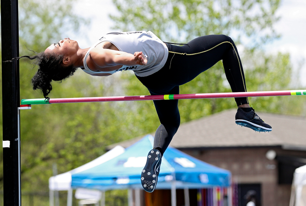 Iowa's Tria Simmons jumps during the women's high jump in the heptathlon event on the first day of the Big Ten Outdoor Track and Field Championships at Francis X. Cretzmeyer Track in Iowa City on Friday, May. 10, 2019. (Stephen Mally/hawkeyesports.com)