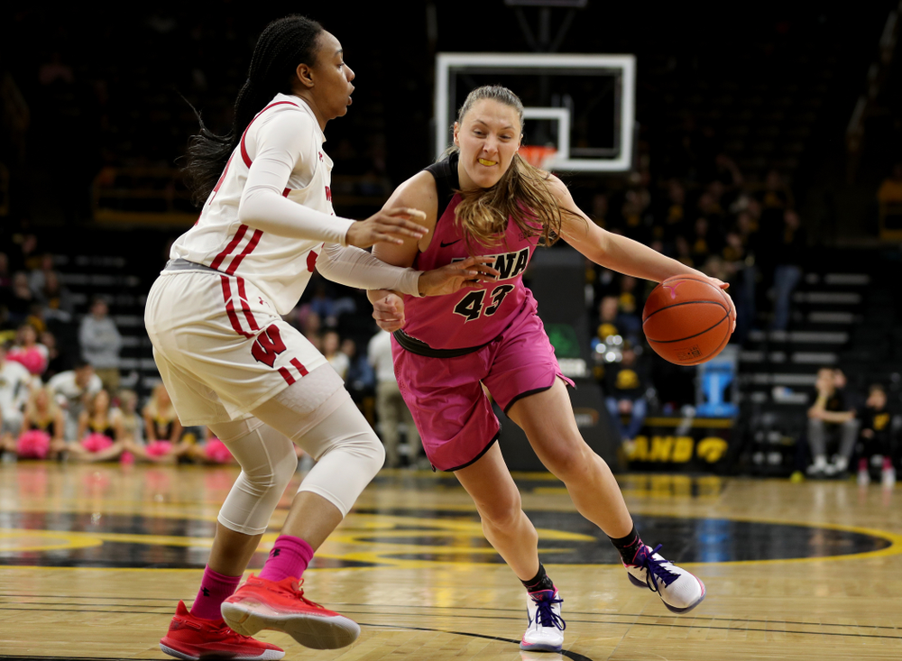 Iowa Hawkeyes forward Amanda Ollinger (43) against the Wisconsin Badgers Sunday, February 16, 2020 at Carver-Hawkeye Arena. (Brian Ray/hawkeyesports.com)