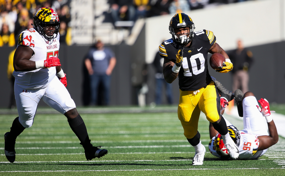 Iowa Hawkeyes running back Mekhi Sargent (10) runs the ball during a game against Maryland at Kinnick Stadium on October 20, 2018. (Tork Mason/hawkeyesports.com)