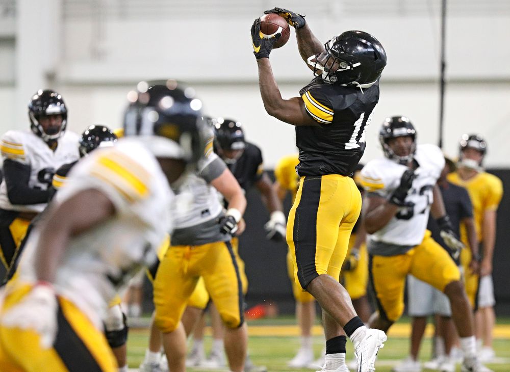 Iowa Hawkeyes running back Mekhi Sargent (10) pulls in a pass during Fall Camp Practice No. 6 at the Hansen Football Performance Center in Iowa City on Thursday, Aug 8, 2019. (Stephen Mally/hawkeyesports.com)