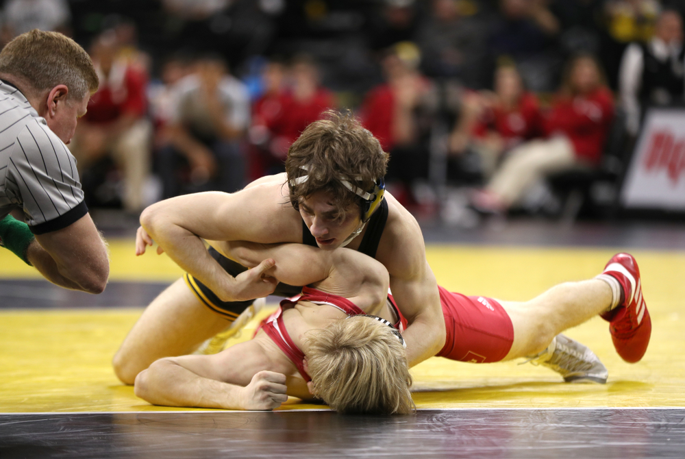 Iowa's Austin DeSanto wrestles Indiana's Paul Konrath at 133 pounds Friday, February 15, 2019 at Carver-Hawkeye Arena. (Brian Ray/hawkeyesports.com)