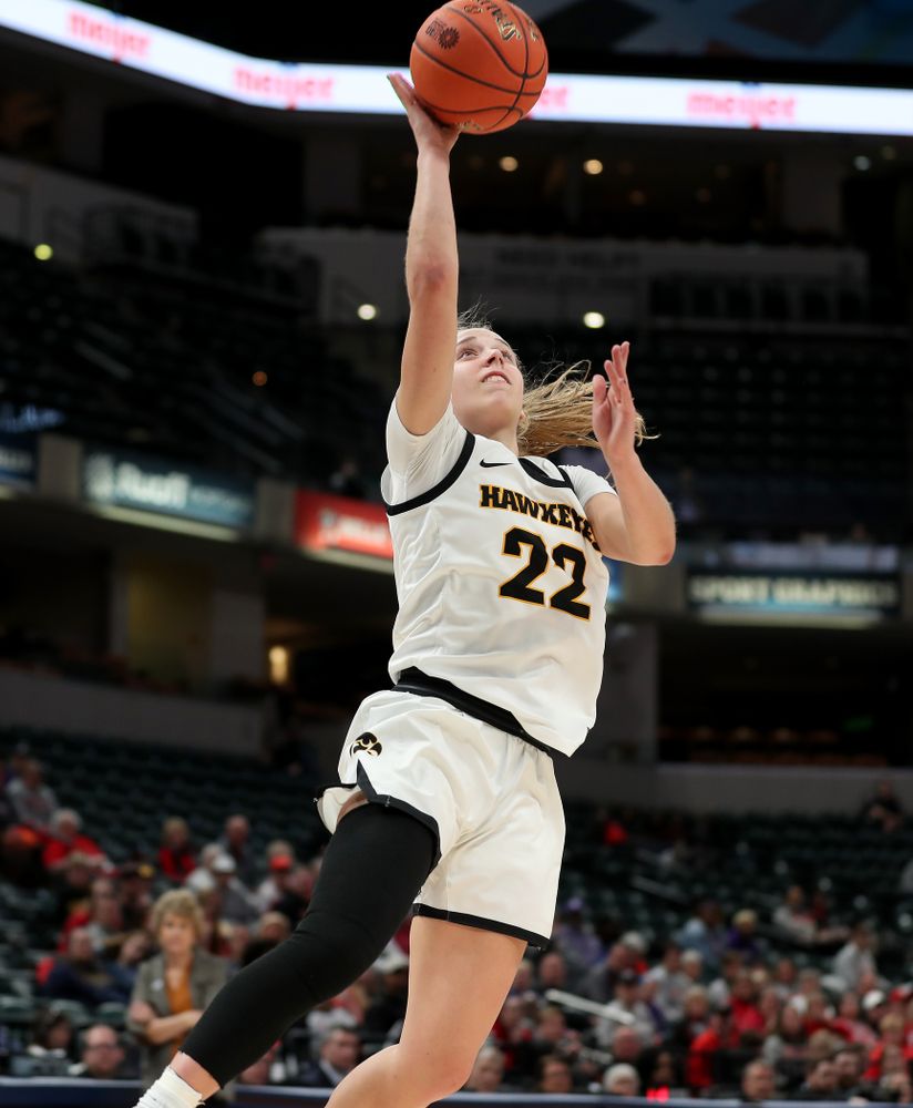 Iowa Hawkeyes guard Kathleen Doyle (22) against Ohio State in the quarterfinals of the Big Ten Basketball Tournament Friday, March 6, 2020 at Bankers Life Fieldhouse in Indianapolis. (Brian Ray/hawkeyesports.com)