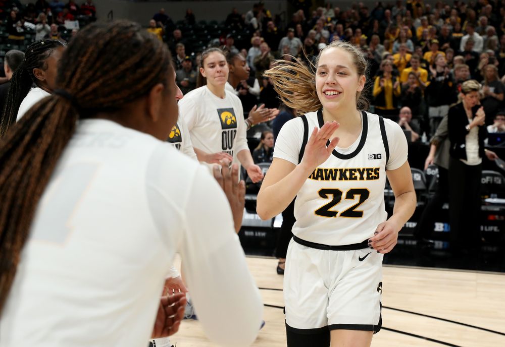 Iowa Hawkeyes guard Kathleen Doyle (22) against Ohio State in the quarterfinals of the Big Ten Basketball Tournament Friday, March 6, 2020 at Bankers Life Fieldhouse in Indianapolis. (Brian Ray/hawkeyesports.com)